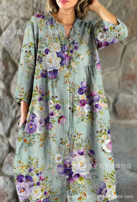 Robe chemise ample à col ras du cou et manches longues pour femme, imprimée, de qualité supérieure, m301050