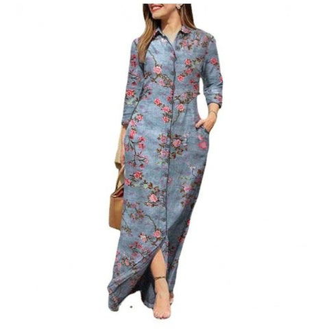 Robe décontractée pour femme, imprimée, avec poches, col à revers et boutons, longueur M300186 