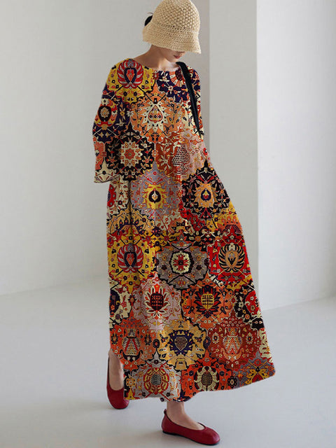 Robe ample à col ras du cou et manches longues imprimée haut de gamme m301044