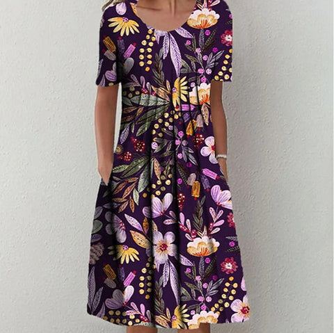 Robe mi-longue à imprimé floral, col rond, poches, printemps/été, pour femme, m300037 