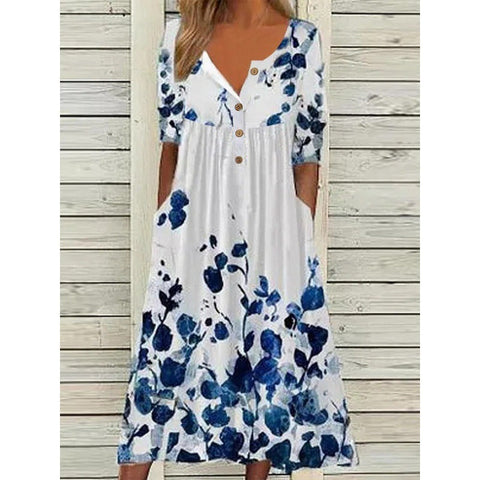 Robe imprimée à manches courtes et col en V avec poches pour femme et jupe longue m300028 