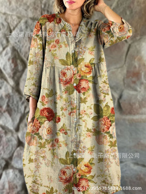 Lockeres Damen-Hemdkleid mit Rundhalsausschnitt, modisch, Premium, langärmlig, bedruckt, m301050