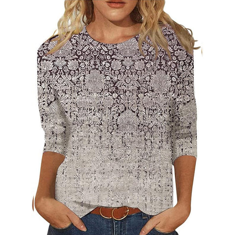 Pull ras du cou à manches sept-quarts et imprimé 3D de fleurs et de plantes m300615 
