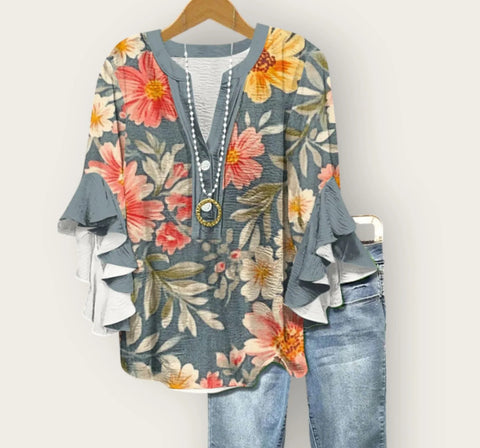 Creative floral element printing digital printing casual trend V-neck lotus edge T-shirt women's top m301778