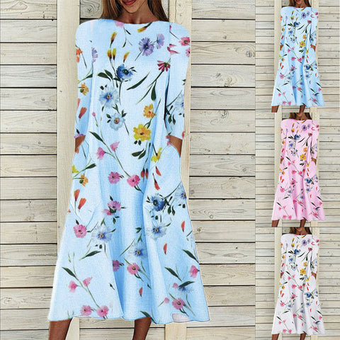 Robe longue ample en coton et lin imprimé à manches 7 points, style décontracté, m300731 