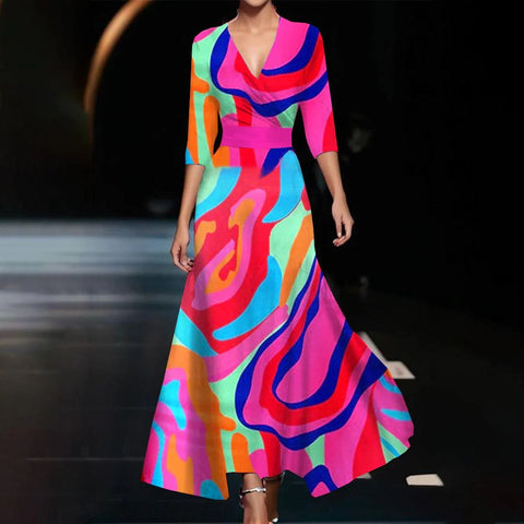 Robe longue à col en V croisé et manches sept pour femme m300923 