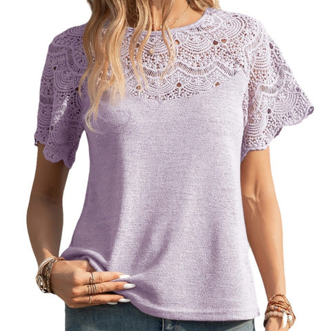 New European and American fashion crew neck lace splicing shoulder-plugged short-sleeved T-shirt top m302651