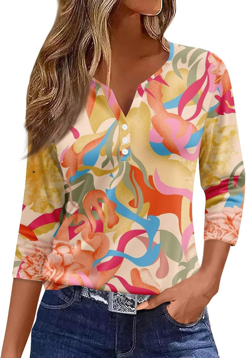 3D printed women's V-neck three-button seven-quarter sleeve fashion casual top m300616