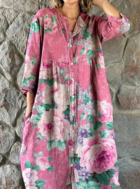 Lockeres Damen-Hemdkleid mit Rundhalsausschnitt, modisch, Premium, langärmlig, bedruckt, m301050