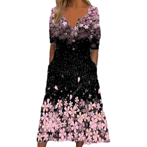 Robe imprimée à manches courtes et col en V avec poches pour femme et jupe longue m300028 
