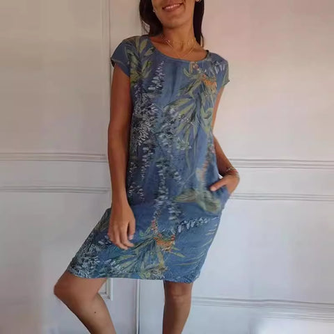 Robe ample à col rond et manches courtes imprimée m300103 