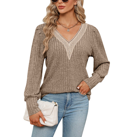 Damen V-Ausschnitt Spitze lose Grube Streifen poliert lose Langarm-T-Shirt m300519 