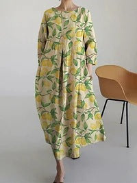 Robe ample à col ras du cou et manches longues imprimée haut de gamme m301044