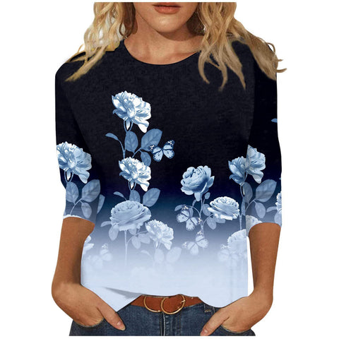 Pull ras du cou à manches sept-quarts et imprimé 3D de fleurs et de plantes m300615 
