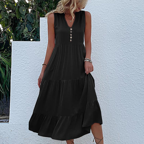 Sommer beliebte ärmellose Faltenrock lose V-Ausschnitt mittel und langes Kleid m300851 