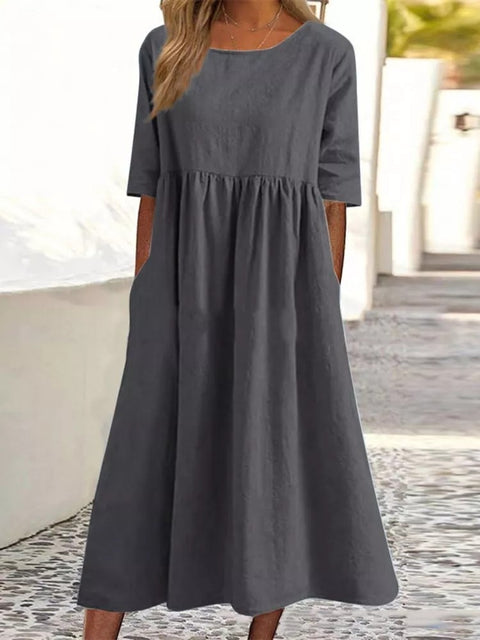 Neues lässiges Kurzarmkleid aus Baumwolle und Leinen mit Falten und Rundhalsausschnitt, m300890 