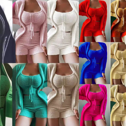 Plush three-piece lace-up pajamas set casual set loungewear m301066