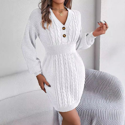 Button V-neck twist lantern sleeve hip sweater skirt m300577