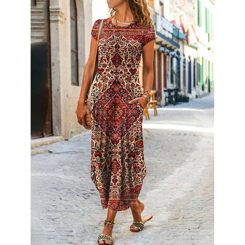 Rundhals-Tasche Kurzarm-Trend-Print-Kleid m300031 
