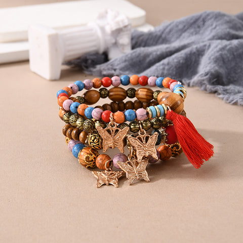 Nouveau bracelet bohème créatif à pompons et perles multicouches m3331286