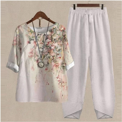 Ensemble deux pièces haut et pantalon imprimé à manches fendues m300036 