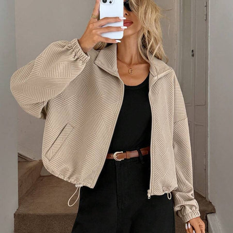 Turtleneck hem drawstring pocket ladies loose baseball jacket m302164