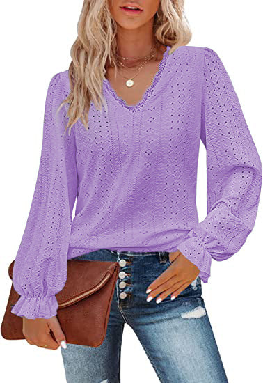 Chemise décontractée à col en V et manches plissées, automne m300647