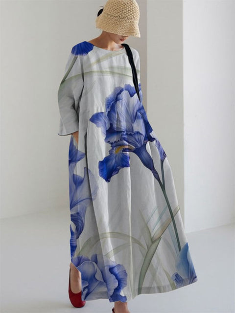 Robe ample à col ras du cou et manches longues imprimée haut de gamme m301044