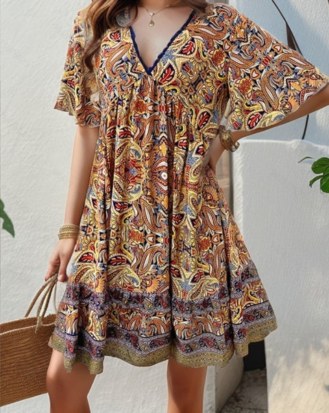 Lässiges bedrucktes Kleid mit V-Ausschnitt für Frühlings- und Sommerferien M300211 