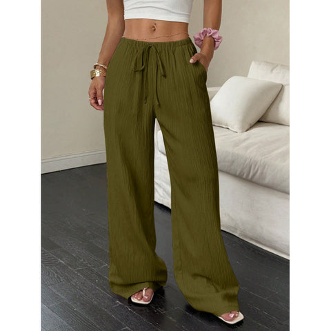 Casual solid color textured fabric knotted waist diagonal pocket wide leg pants m302809