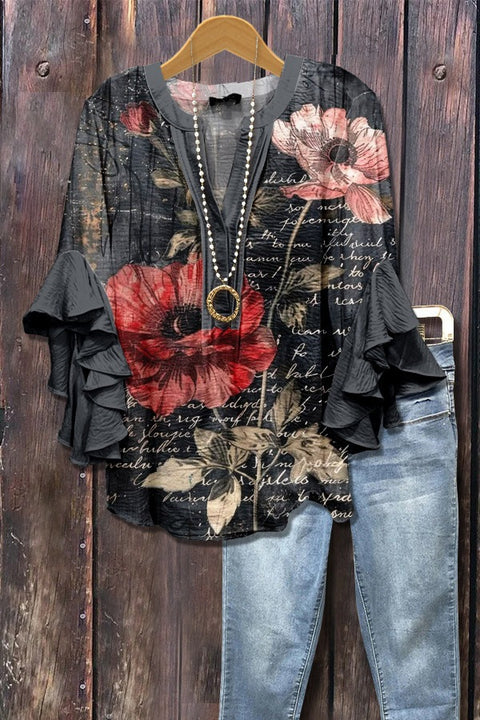 Digital printing casual trend V-neck lotus edge T-shirt women's m302725-2