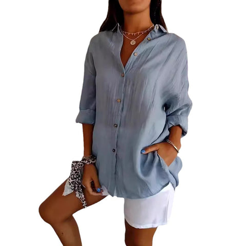Women's Single-Breasted Pleated Lapel Shirt Solid Color Rollable Sleeves Top M300226