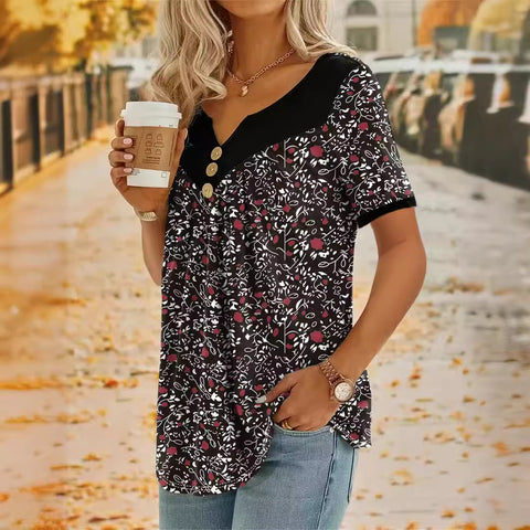 Lässiges Kurzarm-Oberteil mit kleinem Blumen-Spleißknopf m300662 