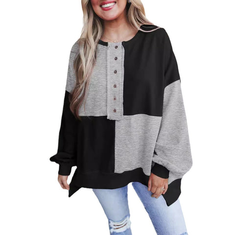Spleißen kontrastierenden Fleece Schnalle langen Revers Pullover Damen Obermaterial m301011 