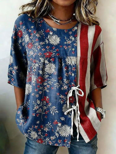 Color matching loose blouse five-button drawstring m302924