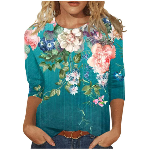 Pull ras du cou à manches sept-quarts et imprimé 3D de fleurs et de plantes m300615 