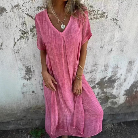 Modisches halbformelles Kleid aus Baumwolle und Leinen mit V-Ausschnitt m301062 