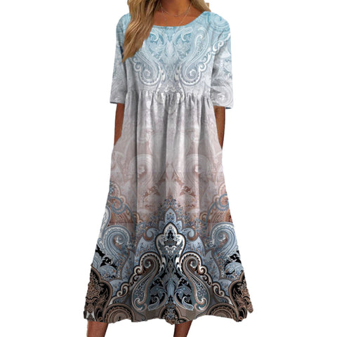 Women's Fashion Loose Floral Print Crew Neck Short Sleeve Pocket Dress m302800