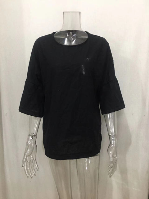 Haut chemise en coton et lin à manches fendues et col rond m300053 