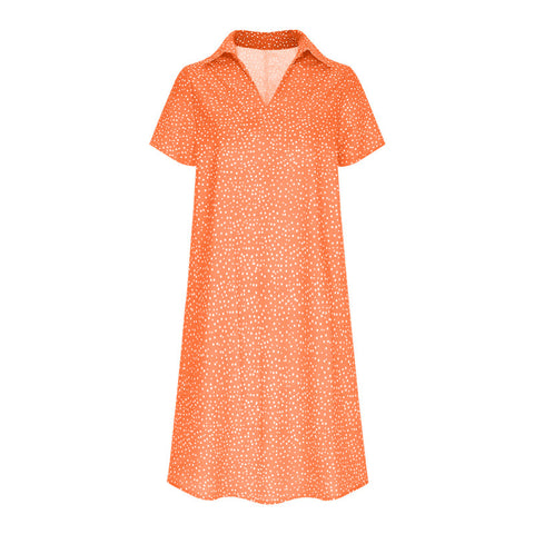Langes Kleid, lässig, locker, V-Ausschnitt, bedruckt, gepunktet, Hemdkleid, m300919 