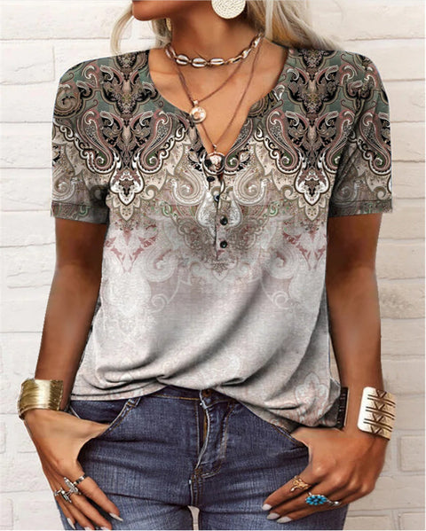Damen Kurzarm T-Shirt mit ethnischem Print und Print m300017 