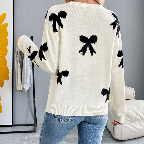 Rundhals-Jacquard-Pullover mit Schleife für Herbst und Winter für Damen m300804 