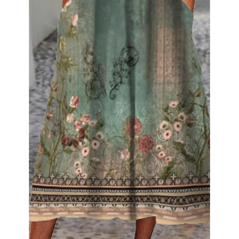 Elegantes, bedrucktes, kurzärmliges, mittellanges Kleid mit Tasche M300198 