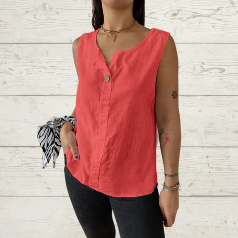 Lockeres Weste-Shirt Damen V-Ausschnitt Baumwolle und Leinen Button-Up Top Damen m301206 