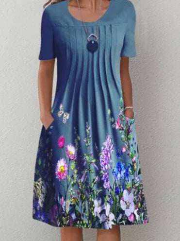 Frühling/Sommer Blumendruck Rundhalsausschnitt Tasche Mittellanges Kleid m300905 