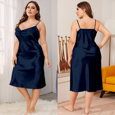 Chemise de nuit en soie glacée pour femme, tenue d'été une pièce, col pivotant, bretelles, ample, m301494 