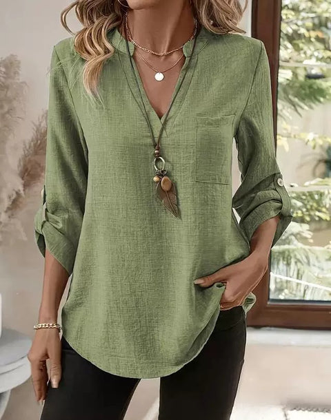 Women's button v-neck pocket T-shirt top m302448