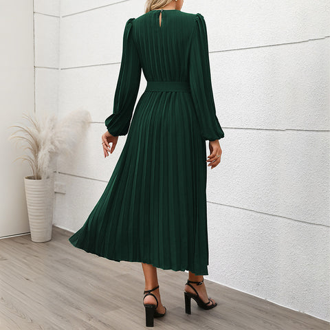 Kleid Langarm Plissee Rundhals Hohe Taille Langes Kleid Damen m300809 