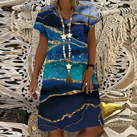 Robe imprimée à col en V pour femme, manches courtes, longueur moyenne et longue, m300932 