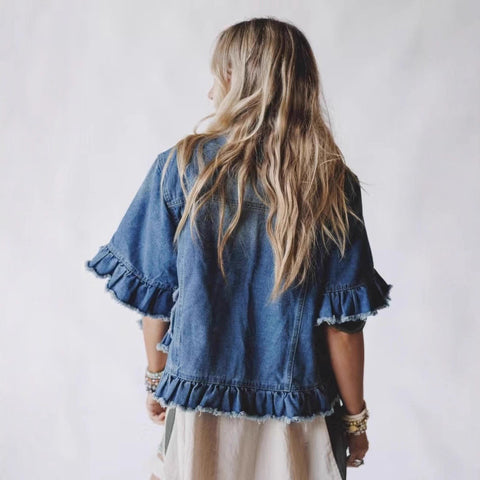 Women's denim short-sleeved ruffled fringed hem denim top m303100